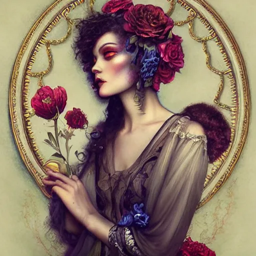 Image similar to tom bagshaw, soft painting of a curiosities carnival, beautiful young aristocrat blessing flowers in full dress, perfectly detailed, symmetrical intricate sensual features, highly detailed, artstation, sharp focus