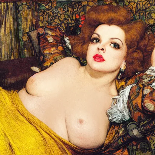 Prompt: reclining on bed, hybrid of judy garland and lady gaga, brown fringe, large beautiful facial features, huge downslanted eyes, big cheeks, large full lips, full body medium shot, hipster, yellow ochre ornate medieval dress, john william waterhouse, kilian eng, rosetti, john everett millais, william holman hunt, william morris, 4 k