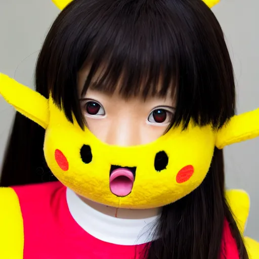 Prompt: upper half portrait, of a anthropomorphic asian girl wearing a pikatchu costume, far shot, 5 feet away