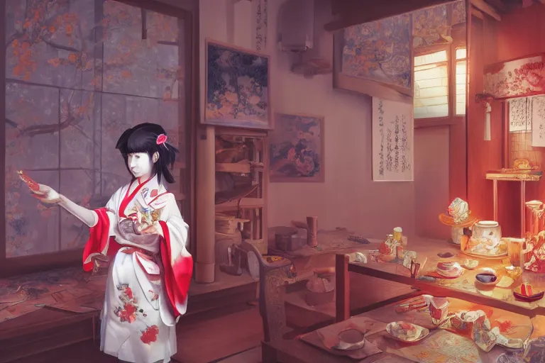 Image similar to hyperrealistic photography of a japanese shrine maid in the style of touhou inside a japanese religious temple, james jean and wlop, highly detailed, sharp focus, intricate concept art, digital painting, ambient lighting artstation, 8k