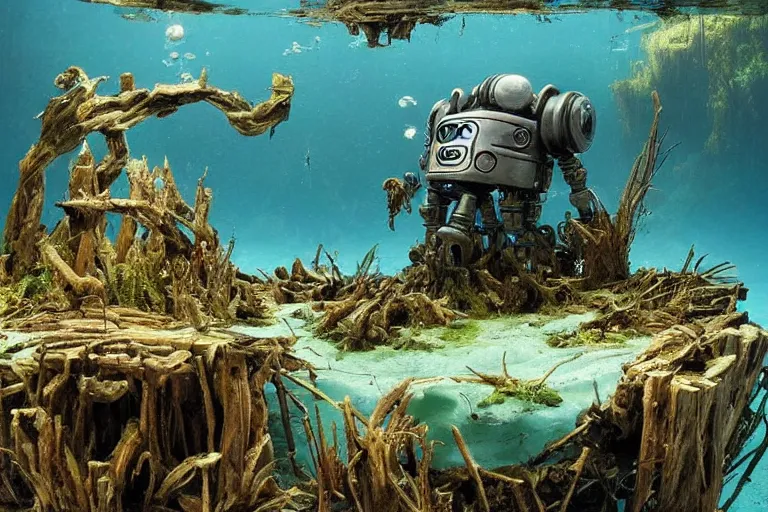 Prompt: a sunken robot made out of driftwood, drift wood robot, overtaken by vegetation and algae, submersed, underwater, drift wood robot by Frank Frazetta, detailed, epic, intricate artstation