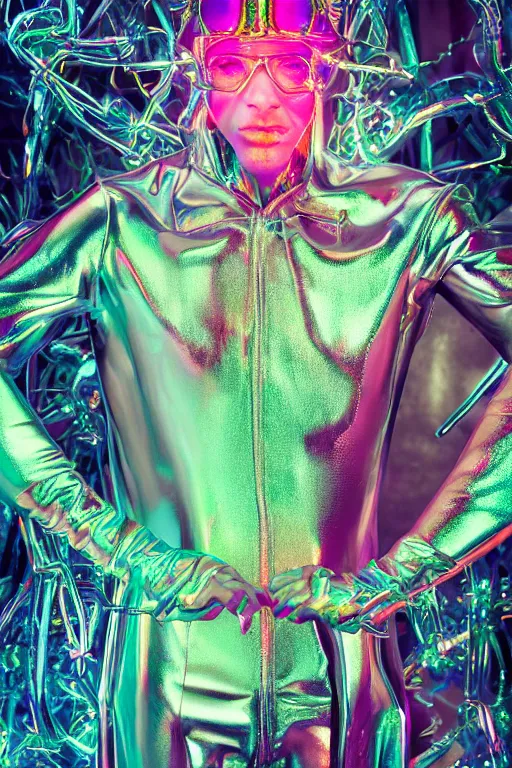 Prompt: hyper detailed ultra sharp portrait of baroque and bladerunner delicate neon glass sculpture of seductive albino joe jonas, tigers green iridescent humanoid deity wearing metallic hoody made out of hands holding the sun prismatic dungeon, glowing blue face, crown of white diamonds, cinematic lighting, photorealistic, octane render 8 k depth of field 3 d