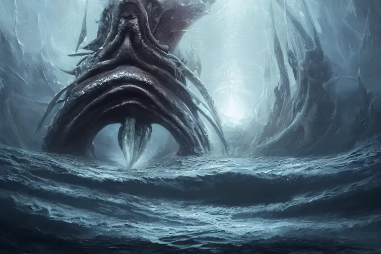 Prompt: primordial waters, chaos, kraken, madness, formless shifting, the world without form and void, darkness shone on the face of the deep, amazing concept painting by Jessica Rossier and HR Giger