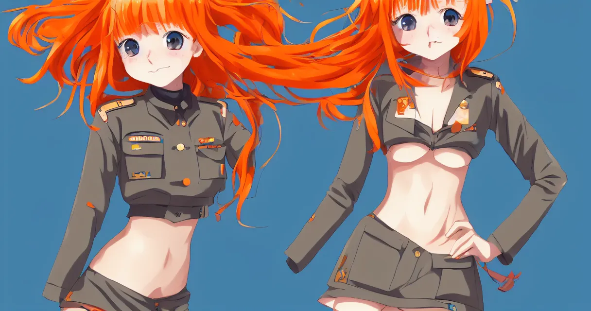 Image similar to very beautiful young anime girl with orange hair, dressed in soviet pioneer uniform, full body, long wavy blonde hair, sky blue eyes, full round face, bikini, miniskirt, front view, middle, highly detailed, colored manga drawing by wlop popular on artstation