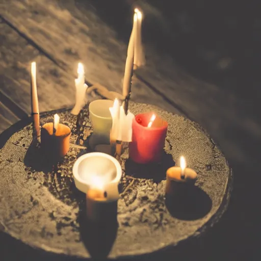 Prompt: ancient demon summoning, magic, shot from drone, witchcraft, night, bright candles, circle