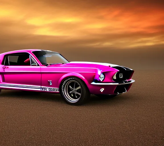 Image similar to !dream shot of 1967 Ford mustang Shelby GT500 in pink color at sunset in front a beach, realistic reflections, 4k, HD Photography, 3d render