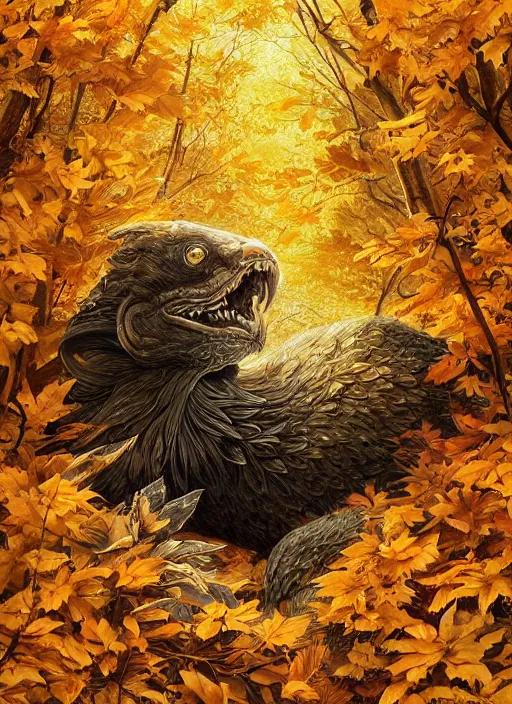 Image similar to golden leaves at frame border, creative!!! composition for a book cover, absurdly beautiful, ultrafine hyperrealistic detailed animal by wlop and artgerm and greg rutkowski, intricate linework, sharp focus, smooth, unreal engine, dramatic lighting, ethereal, 8 k