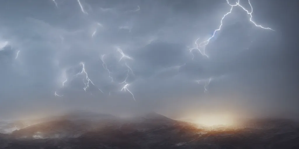 Image similar to mount olympus, fog, amazing lightning art, fog, octane render, ray tracing, realistic fire sharp focus, long shot, 8 k resolution, cinematic