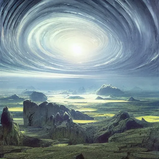 Image similar to The world is labyrinthine beyond possibility of imagining, inhabited on many levels by alien intelligence, infinite in extent, staggering in its beauty, terrifying in its weirdness, endlessly satisfying and peculiar, by John Constable and Ralph McQuarrie and Bruce Pennington