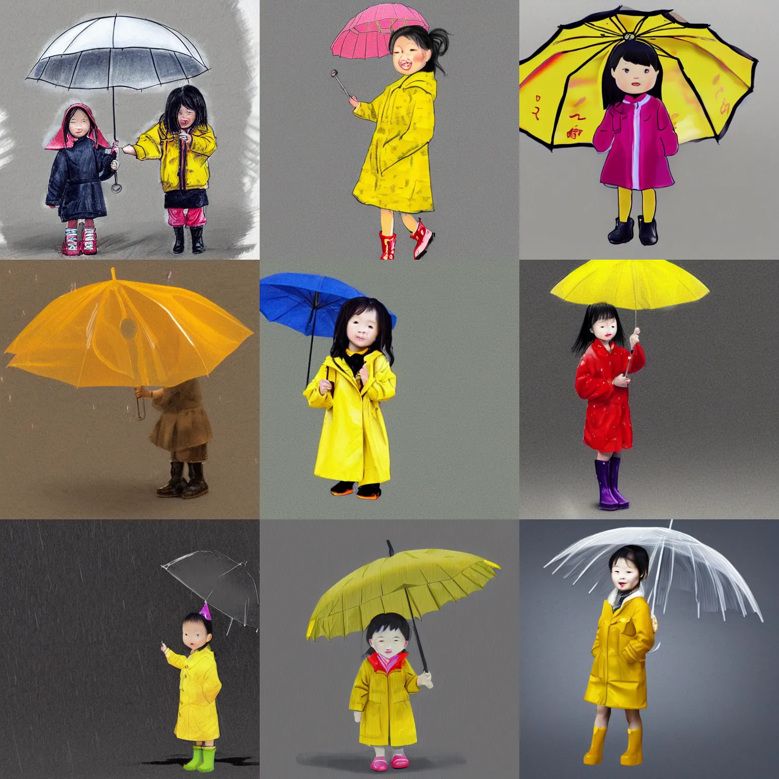 Prompt: A little Chinese girl wearing a yellow raincoat and rain boots, wearing a transparent umbrella. Front view, CG drawing.