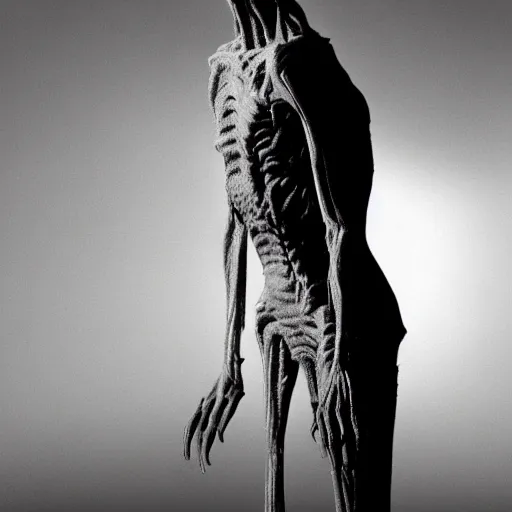 Image similar to photorealistic detailed tall skinny humanoid creature, extremly detailed, black and white, 8 k, realistic, sharp focus, from the movie the thing