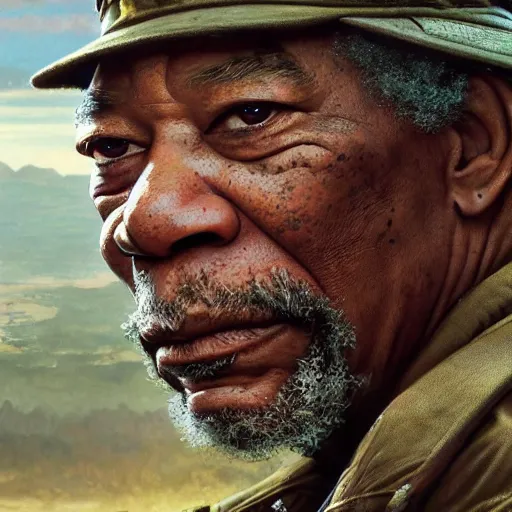 Image similar to an extremely detailed matte painting of a ridiculously good looking morgan freeman that looks like a jewish gigachad in the vietnam war, wearing a ballistic helmet from patton, long curly hair, camouflaged gear, very detailed, jungles of vietnam beautiful, intricate, cinematic, artstation, william bouguereau, alphonse mucha, greg rutkowski, stanley kubrick, octane render