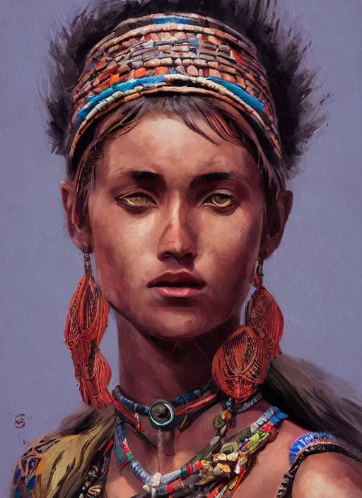 Image similar to A painting of a very beautiful tribal woman trending on artstation in the style of Greg Rutkowski, in style of Charles Sillem Lidderdale