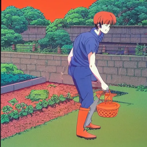 Image similar to salary man tending to his garden before going to work, directed by beat takeshi, visual novel cg, 8 0 s anime vibe, kimagure orange road, maison ikkoku, sketch by osamu tezuka, directed by makoto shinkai and beat takeshi