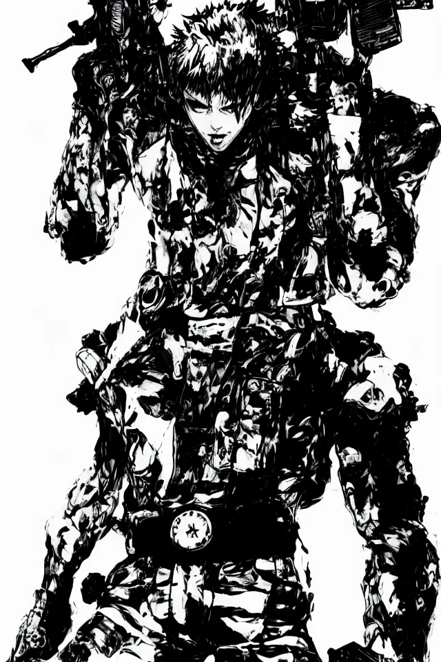 Image similar to a full - body portrait of chainsaw man, in yoji shinkawa's art style, metal gear solid art style, manga, highly detailed, 4 k, artistic, white background, b & w