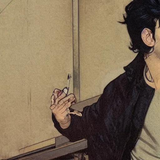 Prompt: a man with black hair and beard, wearing a black jacket, white shirt and jeans, walking up a wooden staircase, sharp focus, illustration, art by greg rutkowski and alphonse mucha