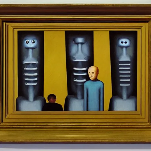 Image similar to queue of super - intelligent robots with kind eyes portrait, grant wood, pj crook, edward hopper, oil on canvas