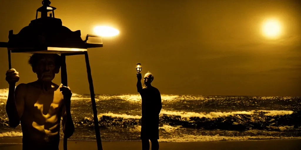 Image similar to film still of closeup old man holding up lantern by his beach hut at night. pirate ship in the ocean by emmanuel lubezki