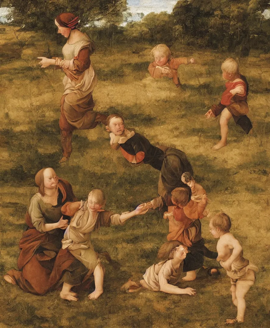 Prompt: a woman playing with two small boys in a dried out meadow, in the style of Raffael, oil painting, Italian Renaissance