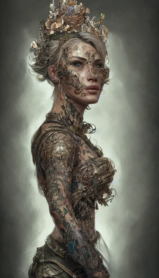 Prompt: tattooed lady, fame of thrones, fibonacci, sweat drops, intricate fashion clothing, insane, intricate, highly detailed, digital painting, artstation, concept art, smooth, sharp focus, illustration, Unreal Engine 5, 8K, art by artgerm and greg rutkowski and alphonse mucha