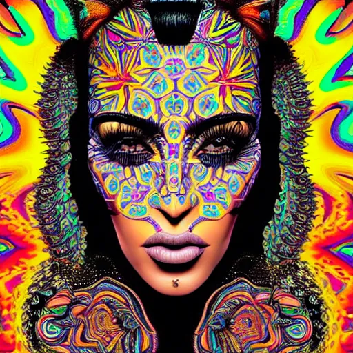 Image similar to an extremely psychedelic portrait of kim kardashian, surreal, lsd, face, detailed, intricate, elegant, lithe, highly detailed, digital oth, sharp focus, illustration,