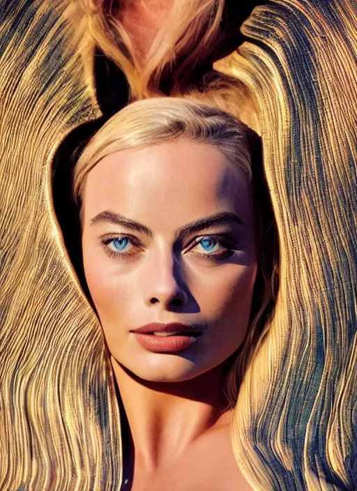 Prompt: beautiful Margot Robbie in a Solarpunk leather robe, accurate anatomy, abstract sun in background, shiny soft skin, soft lighting, sharp details, warm colors, full body portrait, 35 mm film, subsurface scattering, lens flare