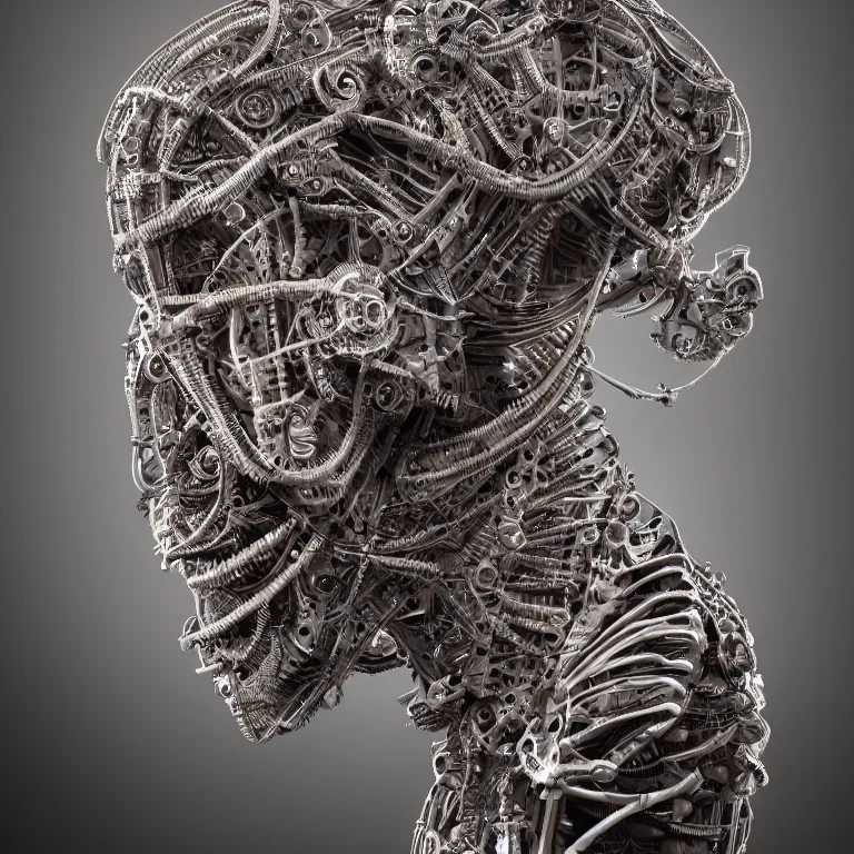 Image similar to surreal biomechanical spinal ribbed tribal organic face portrait of mechanical animal, beautiful detailed intricate insanely detailed 3D render digital art, octane render, 8K artistic photography, photorealistic