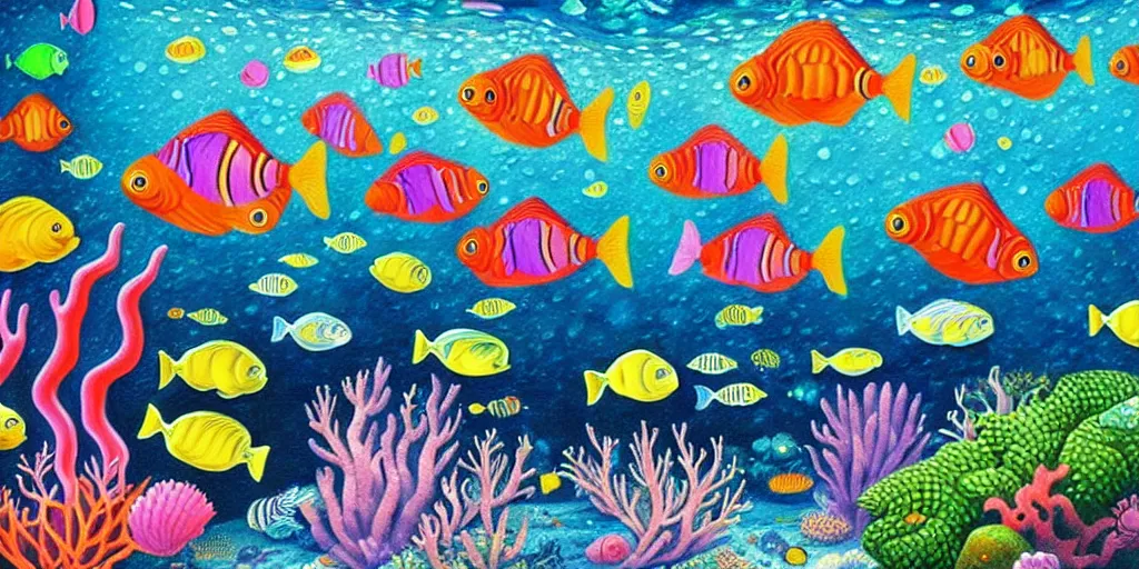 Prompt: a beautiful painting of an elaborate underwater scene painted by bosch and lisa frank