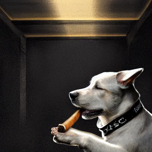 Image similar to a dog wearing smoking a cigar, dramatic lighting, cinematic, establishing shot, extremly high detail, photorealistic, cinematic lighting, concept art, artstation, style by greg rutkowsky