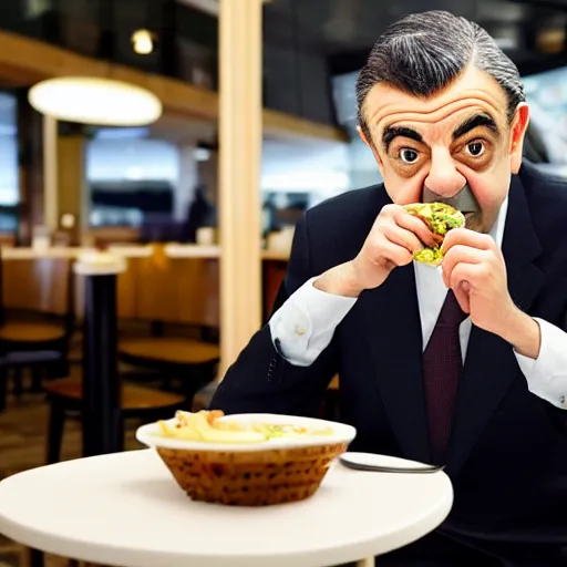 Image similar to photo of rowan atkinson eating inside of a mcdonald's restaurant, highly detailed, extremely high quality, hd, 4 k, 8 k, professional photographer, 4 0 mp, lifelike, top - rated, award winning, realistic, detailed lighting, detailed shadows, sharp, no blur, edited, corrected, trending