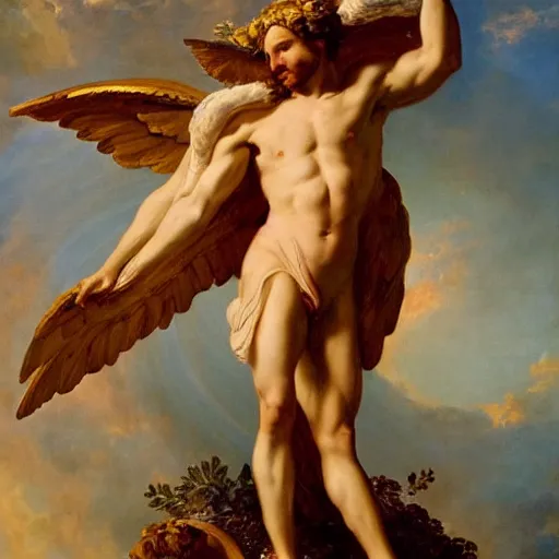 Image similar to Portrait of the Sun God Apollo, large wings, luxuriant, dreamy, eternity, romantic, strong pose, highly detailed, in the style of Franz Xaver Winterhalter, highly detailed, in the style of Aetherpunk