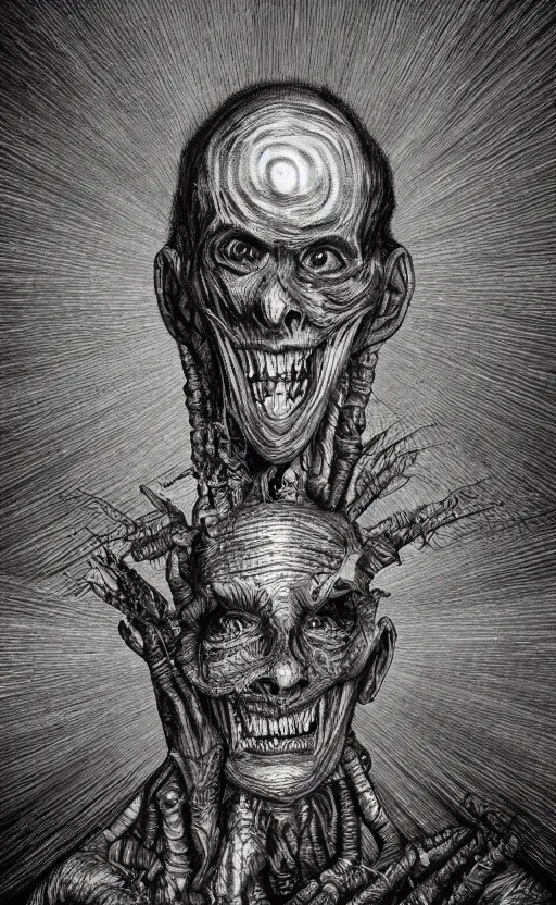 Image similar to portrait of eldritch smiling jerma, surrounded by beams of light dark background by wayne barlow, stanley donwood, anton semenov, zdzislaw bekinski, hr giger, 8 k, fantasy, dark, highly detailed