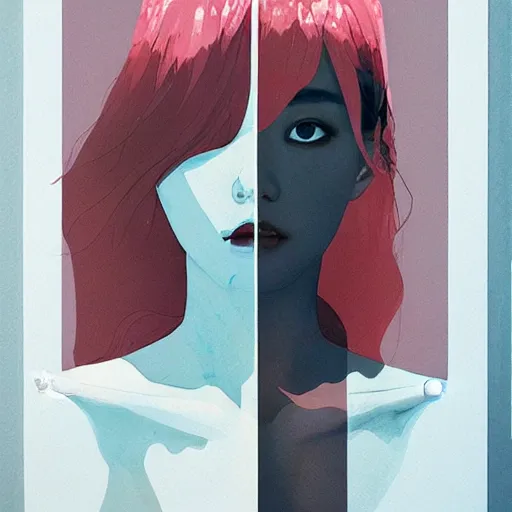 Prompt: Lee Jin-Eun by Conrad Roset and Nicola Samuri, rule of thirds, seductive look, beautiful, leaning transparent window,
