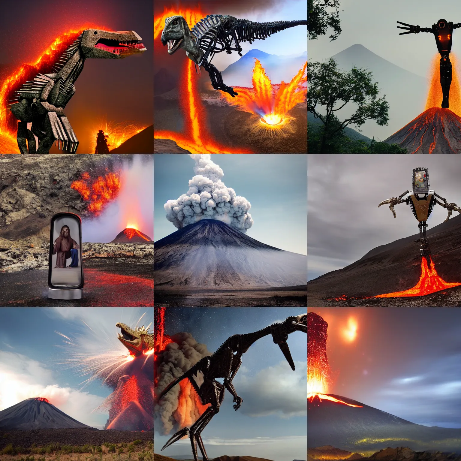 Prompt: Jesus on (robot velociraptor), volcano exploding, photography