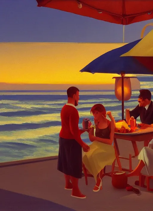 Image similar to Italian aperitivo at the seaside at sunset by Edward Hopper and James Gilleard, 8k, octane render, ultra sharp, detailed digital art