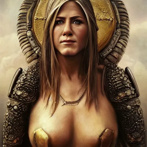 Prompt: the portrait of jennifer aniston as amazon warrior in an elegent dress by roberto ferri, fantasy, witcher, very detailed oil painting, masterpiece, 8 k, full face