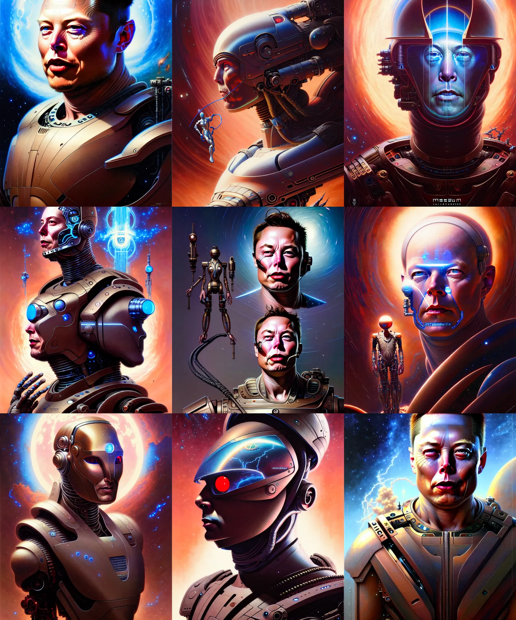 Prompt: beautiful elon musk god of mars fantasy character portrait, ultra realistic, cyborg, muted color, wide angle, intricate details, the fifth element artifacts, highly detailed by peter mohrbacher, hajime sorayama, wayne barlowe, boris vallejo, aaron horkey, gaston bussiere, craig mullins