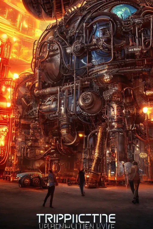 Image similar to a movie poster, movie is tripmachine, realistic digital art, 3 d render of a huge futuristic steampunk generator inside a steampunk machinery, 8 k, fluorescent colors, halluzinogenic, multicolored, exaggerated detailed, unreal engine