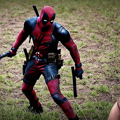 Image similar to deadpool in the walking dead 4 k detailed super realistic