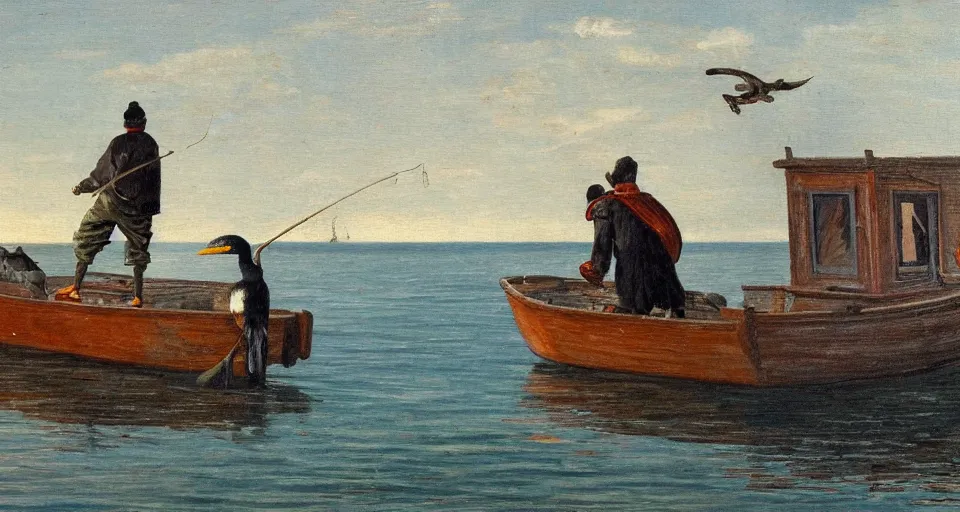 Image similar to painting of a fisherman and a cormorant on a fishing boat in romantic style, sfumato