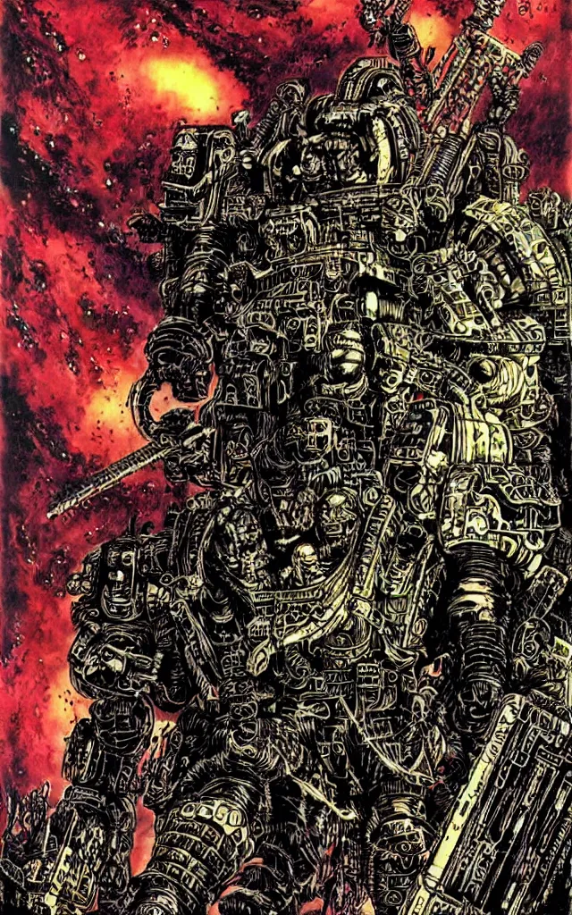 Prompt: techno - savage space marine, awarding winning digital art by philippe druillet