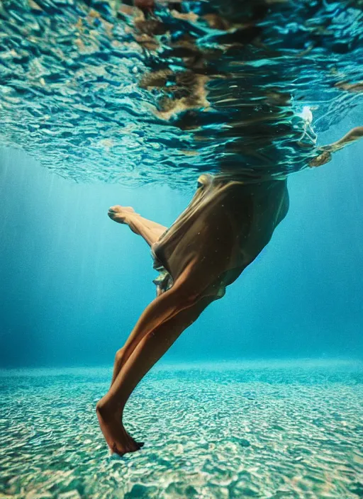 Image similar to girl in a long dress swimming underwater, caustics, surreal underwater photography