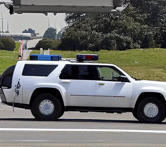 Image similar to close up photo donald trump driving white suv, freeway, police cars, ap news photo