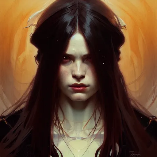 Image similar to Portrait of evil girl, face, dark fantasy, intricate, elegant, highly detailed, digital painting, artstation, concept art, smooth, sharp focus, illustration, art by zeronis and greg rutkowski and alphonse mucha