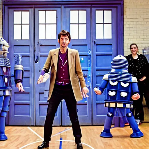 Image similar to closeup promotional image of an David Tennant as Doctor Who at a polka dance-off contest at the YMCA basketball gym, around the gym cybermen and daleks and captain jack are clapping, in the background the Tardis door is wide open, frenetic, quirky, movie still, promotional image, imax 70 mm footage, 4K
