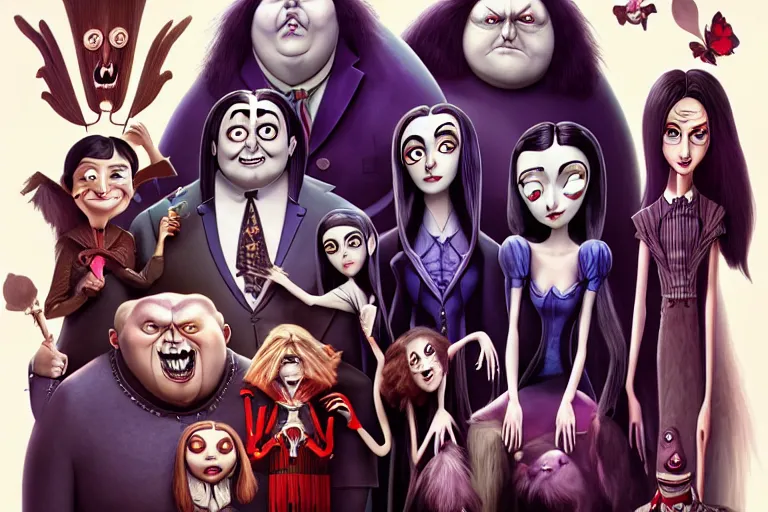 Image similar to the addams family, american mcgee's alice, sharp focus, artstation, trending, by julie dillon, luis melo, tyler miles lockett, lei jin, hong lei, ken wong, adam narozanski, joy ang