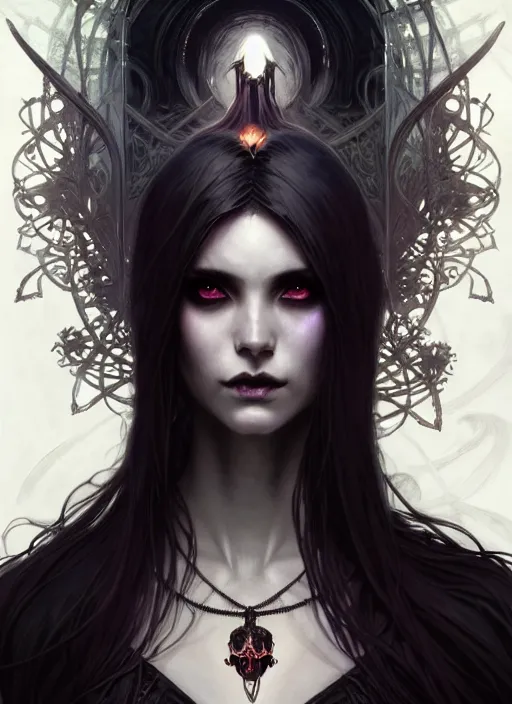 Prompt: Necromancer Sorceress goddess of death, fantasy magic, undercut hairstyle, dark light night, intricate, elegant, sharp focus, illustration, highly detailed, digital painting, concept art, matte, art by WLOP and Artgerm and Greg Rutkowski and Alphonse Mucha, masterpiece