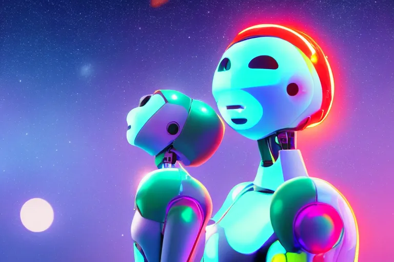 Image similar to a beautiful calm robot girl looking up to the stars, photograph, colorful background, render, 3 d, render, glows, neon, 8 k, 4 d,