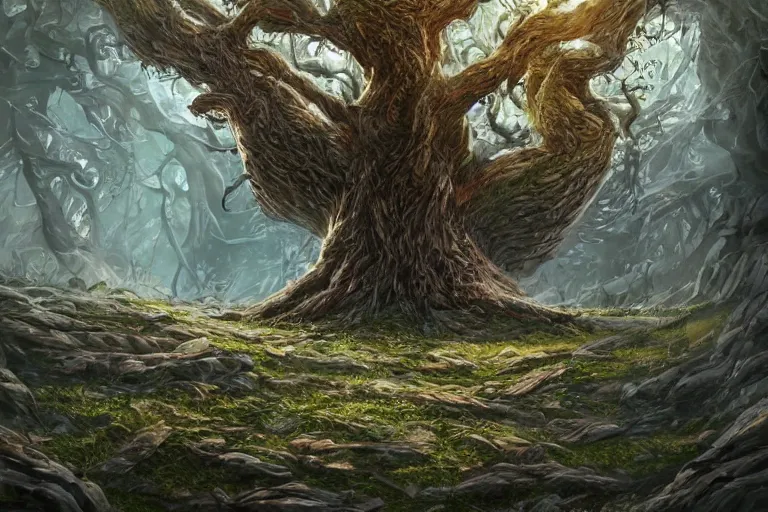 Image similar to A magical tree viewed from the outside, texture, intricate, details, highly detailed, masterpiece, architecture, building, trending on artstation, focus, sharp focus, concept art, digital painting, fantasy, sunny, day, midday, in the style of Wizards of the Coast