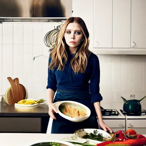 Image similar to elizabeth olsen cooking in kitchen, highly detailed, photorealistic portrait, bright studio setting, studio lighting, crisp quality and light reflections, unreal engine 5 quality render